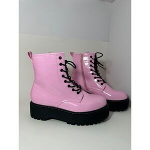 Steve Madden Bettyy Pink Patent Platform Combat Boots Womens 39 Chunky Lug Sole